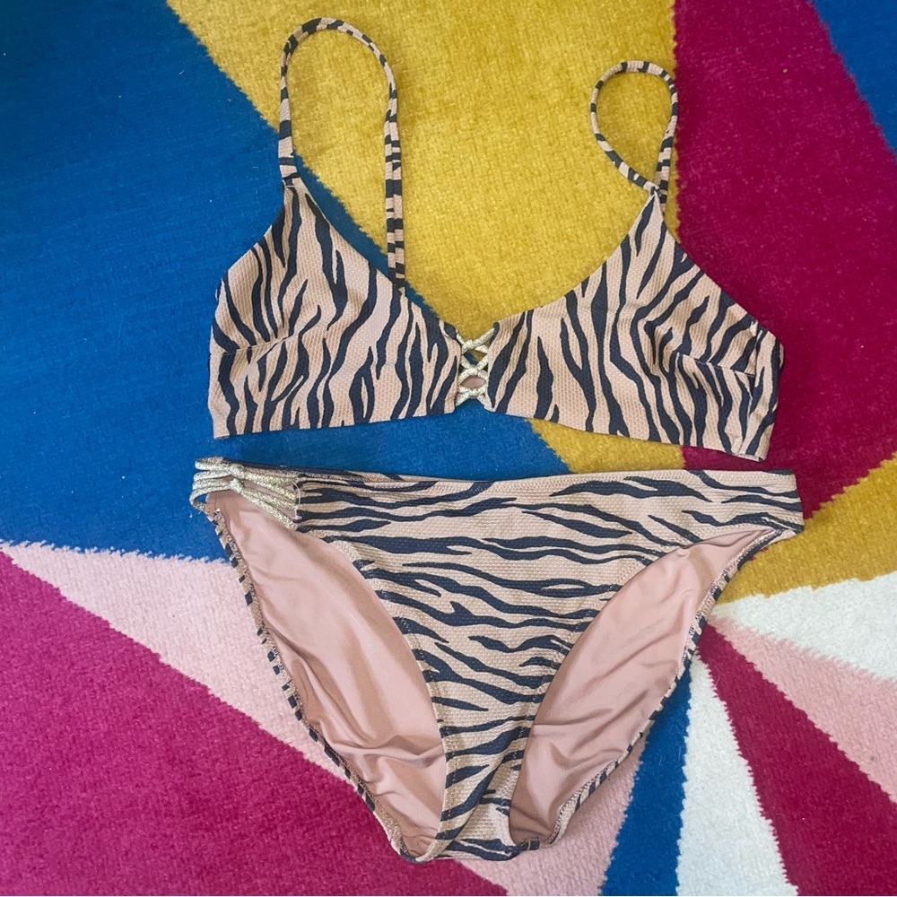Aerie Brown and Black Zebra Print Bikini Top and Bottom Set Swimsuit Large